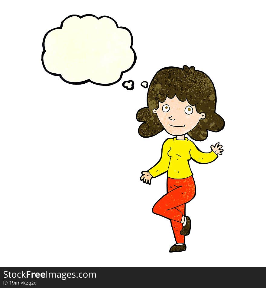 cartoon friendly woman waving with thought bubble