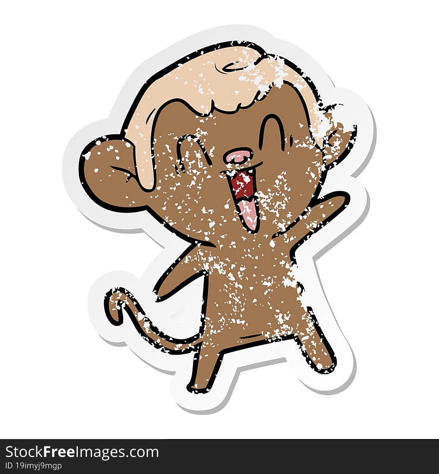 distressed sticker of a cartoon laughing monkey