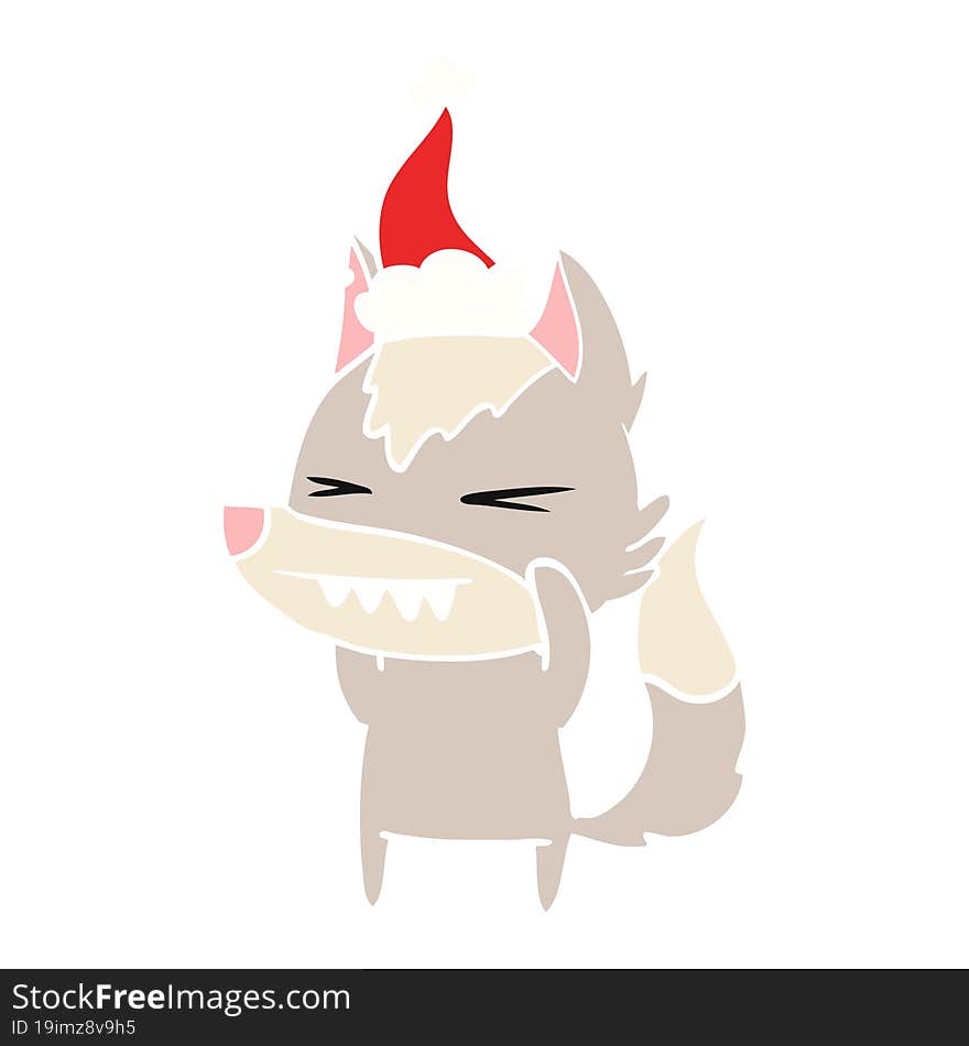 angry wolf hand drawn flat color illustration of a wearing santa hat. angry wolf hand drawn flat color illustration of a wearing santa hat