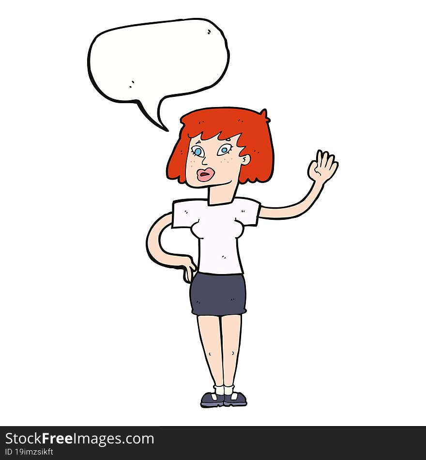 Cartoon Woman Waving With Speech Bubble