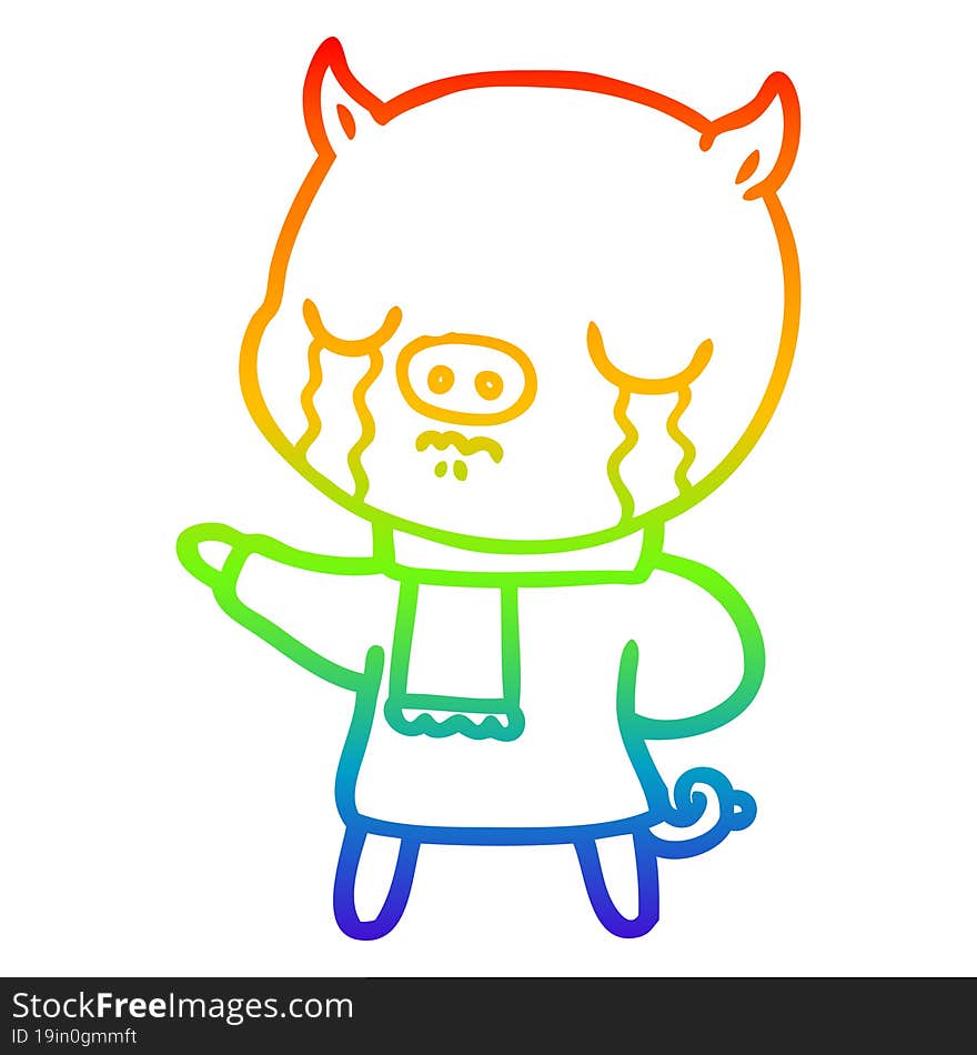 rainbow gradient line drawing of a cartoon crying pig wearing scarf