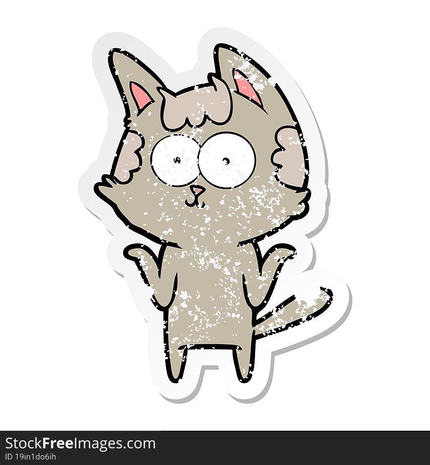 distressed sticker of a happy cartoon cat shrugging;shoulders