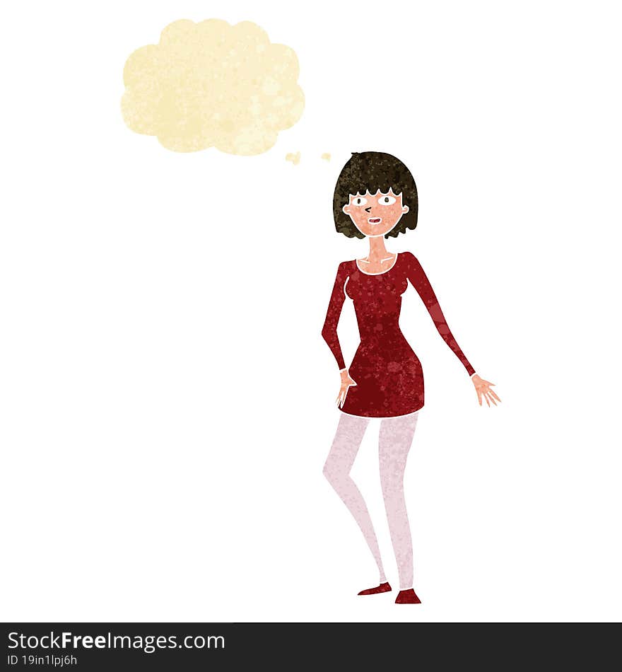 cartoon woman in dress with thought bubble