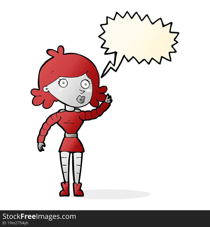 cartoon robot woman waving with speech bubble