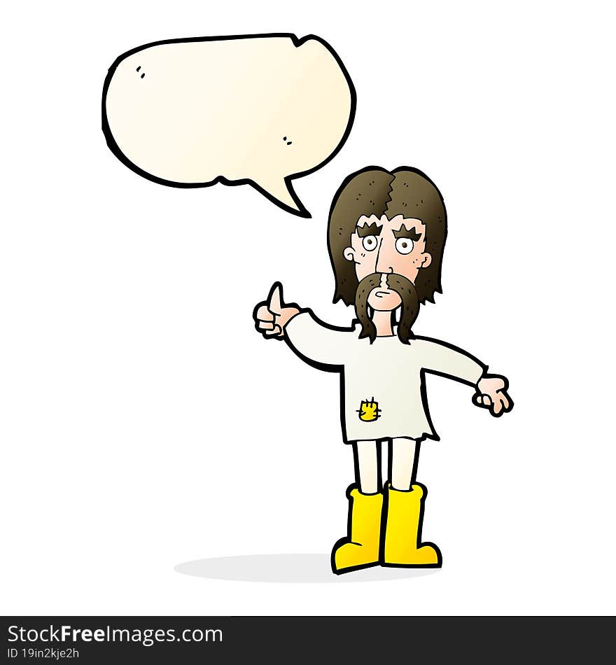 cartoon hippie man giving thumbs up symbol with speech bubble