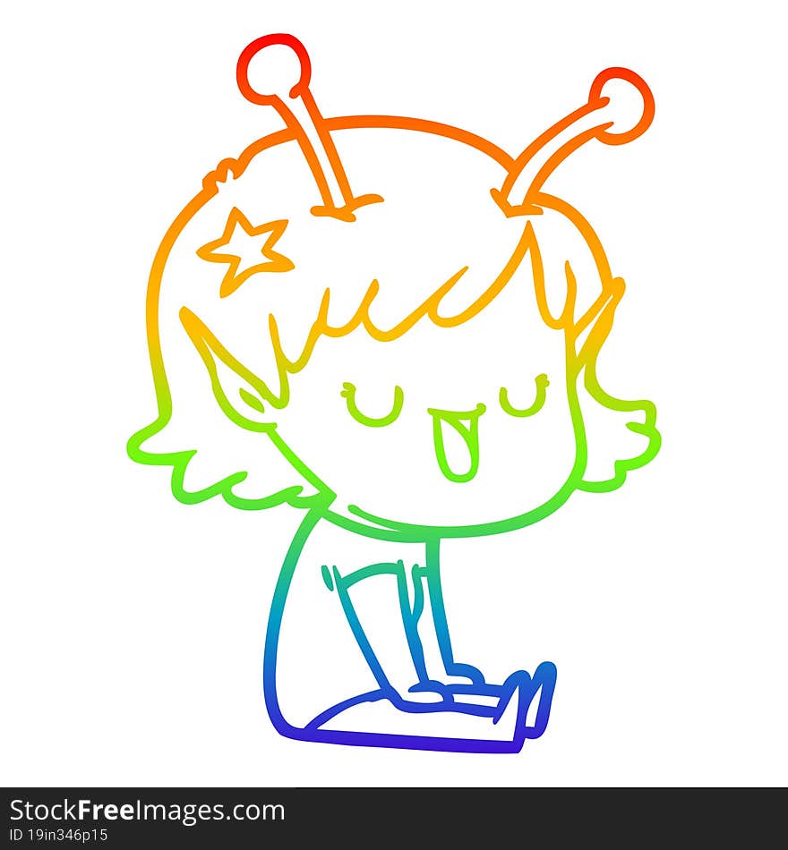 rainbow gradient line drawing of a happy alien girl cartoon laughing