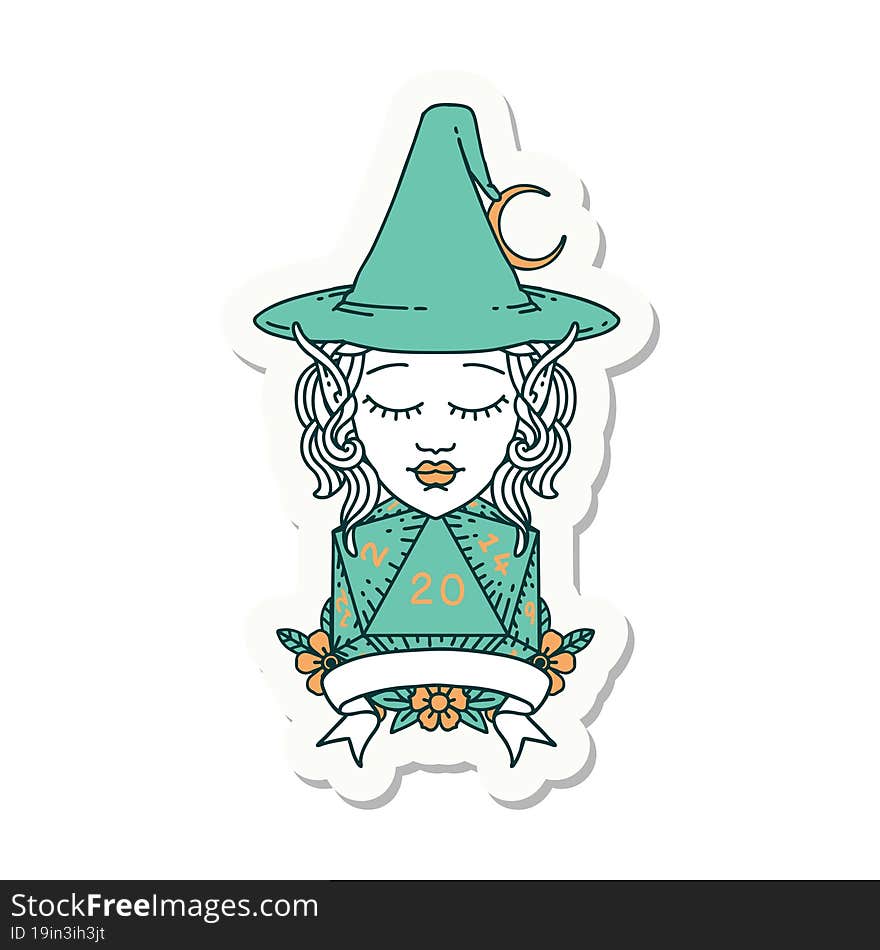 sticker of a elf mage character with natural twenty dice roll. sticker of a elf mage character with natural twenty dice roll