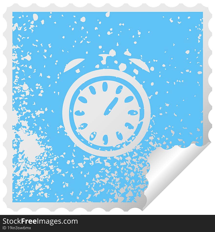 distressed square peeling sticker symbol alarm clock