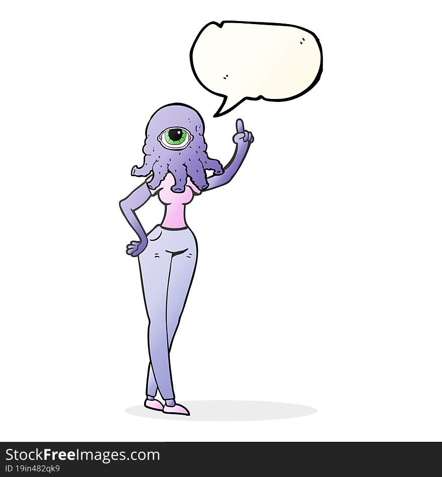 speech bubble cartoon female alien with raised hand