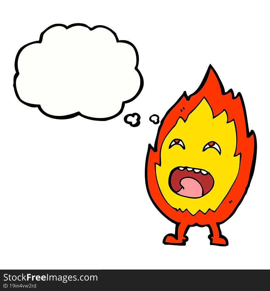 cartoon flame character with thought bubble