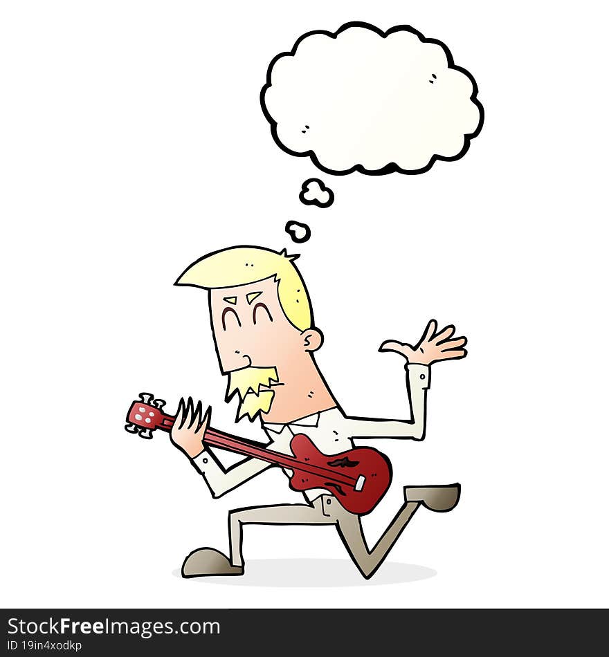 cartoon man playing electric guitar with thought bubble