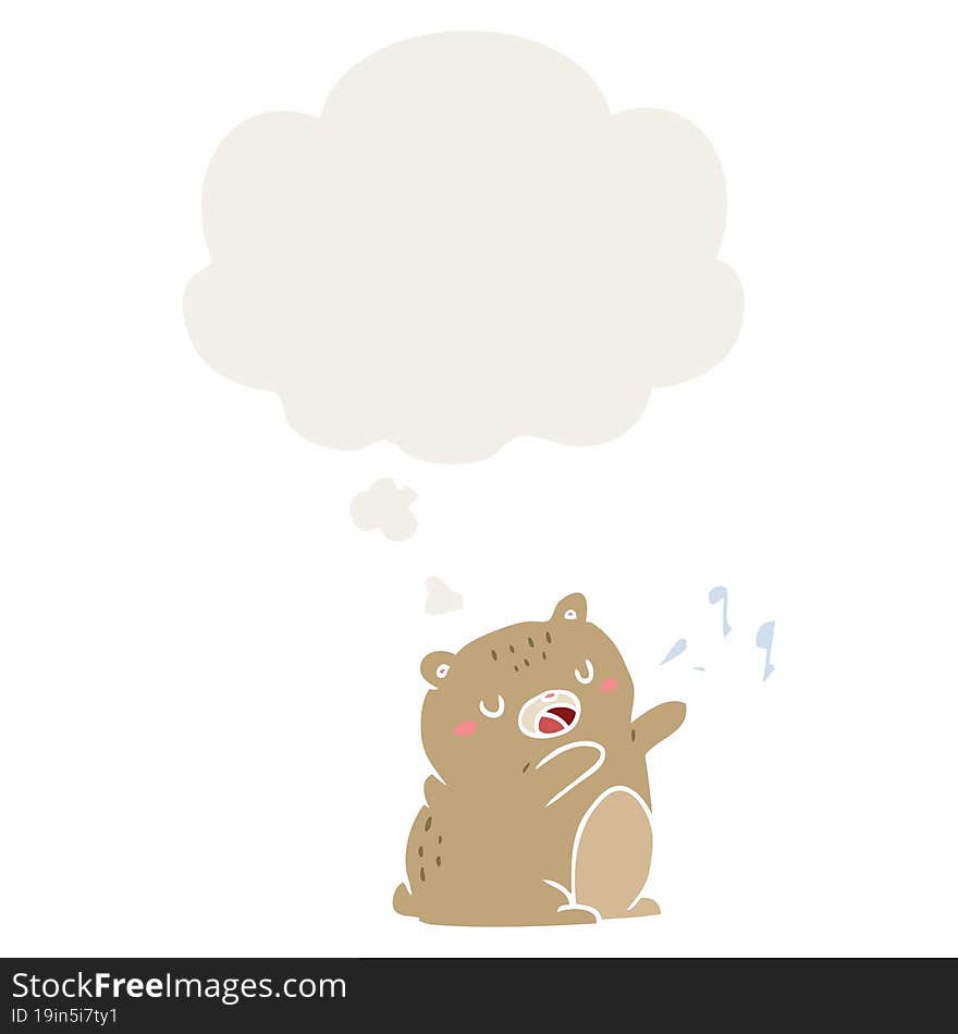 cartoon singing bear and thought bubble in retro style