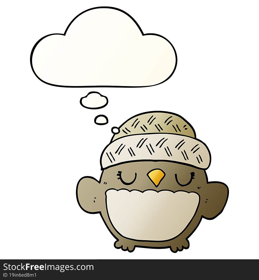 cute cartoon owl in hat and thought bubble in smooth gradient style