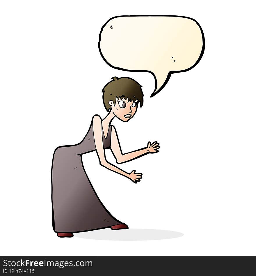 Cartoon Woman In Dress Gesturing With Speech Bubble