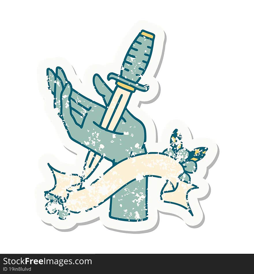 grunge sticker with banner of a dagger in the hand