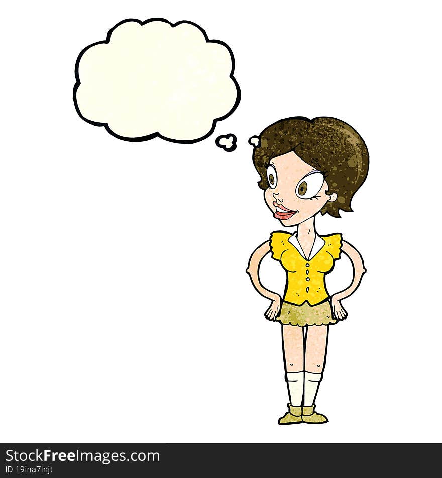 cartoon happy woman in short skirt with thought bubble