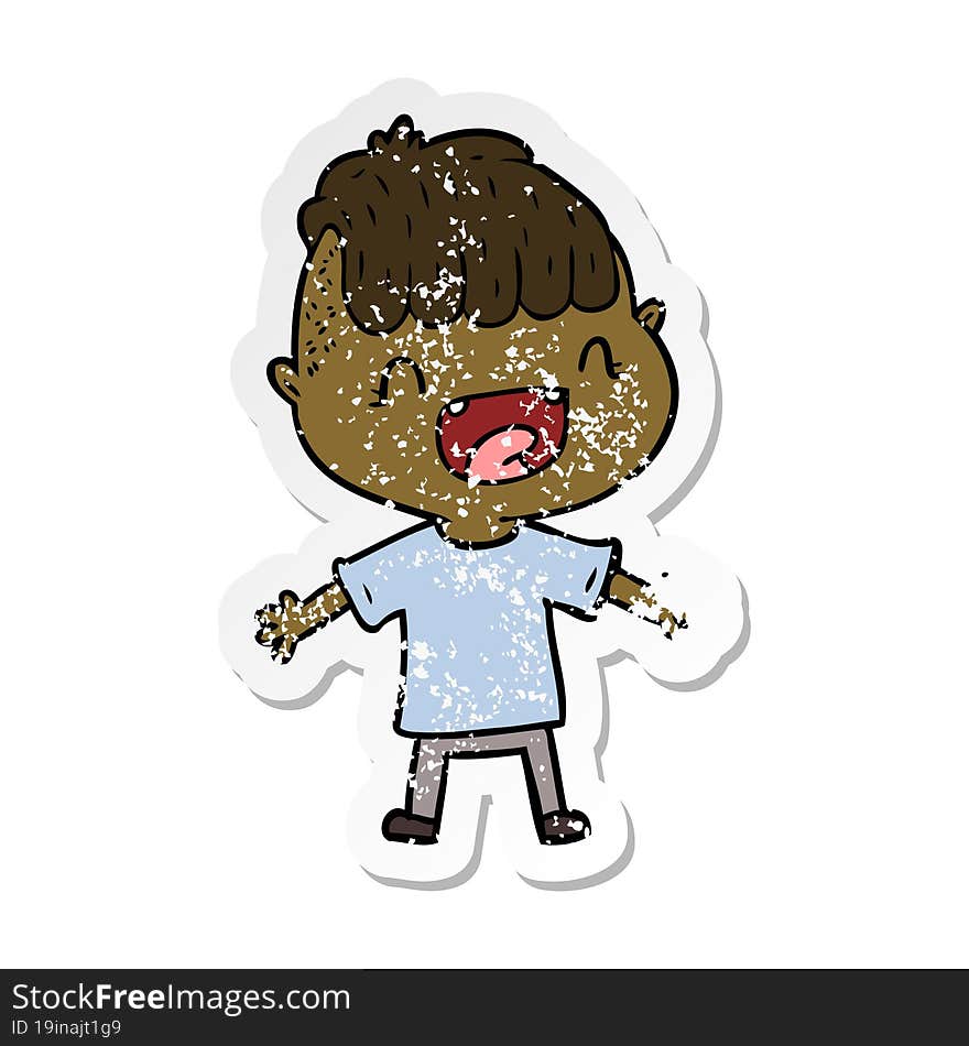 distressed sticker of a cartoon happy boy laughing