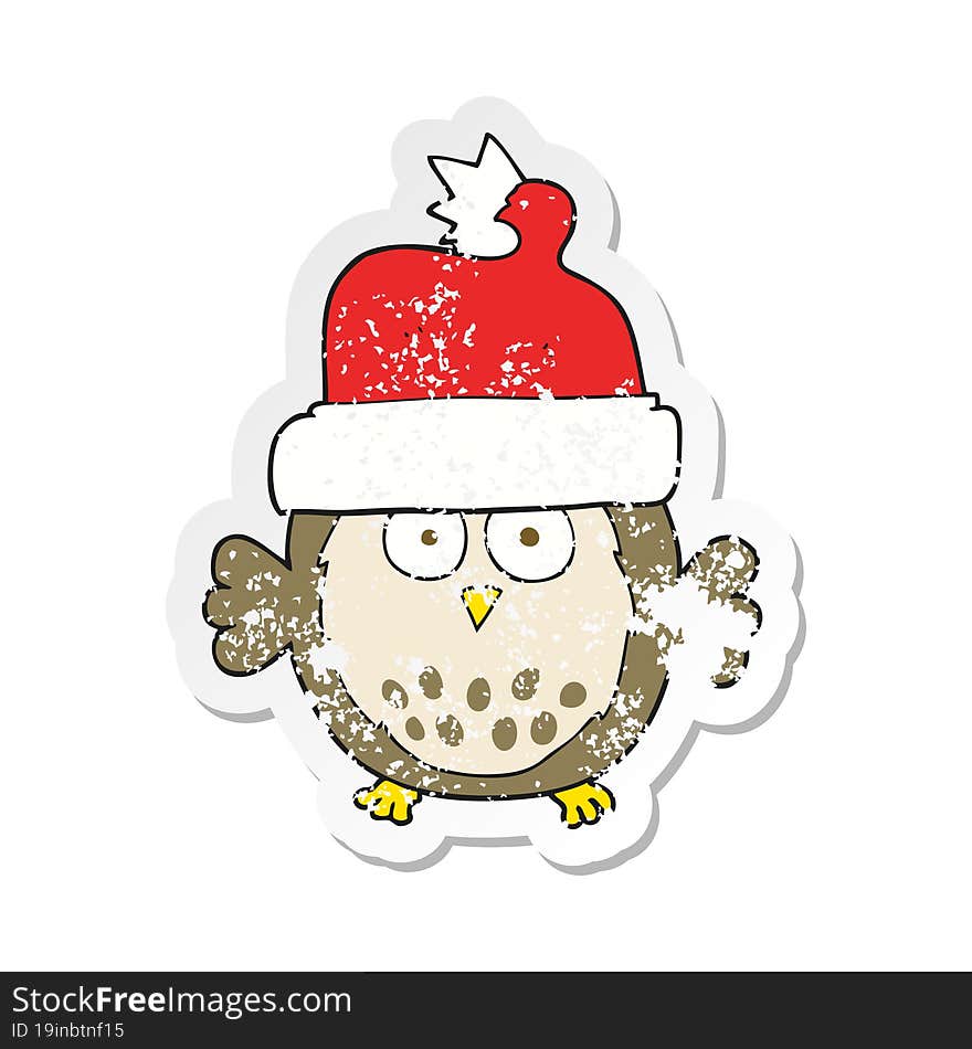 retro distressed sticker of a cartoon owl wearing christmas hat