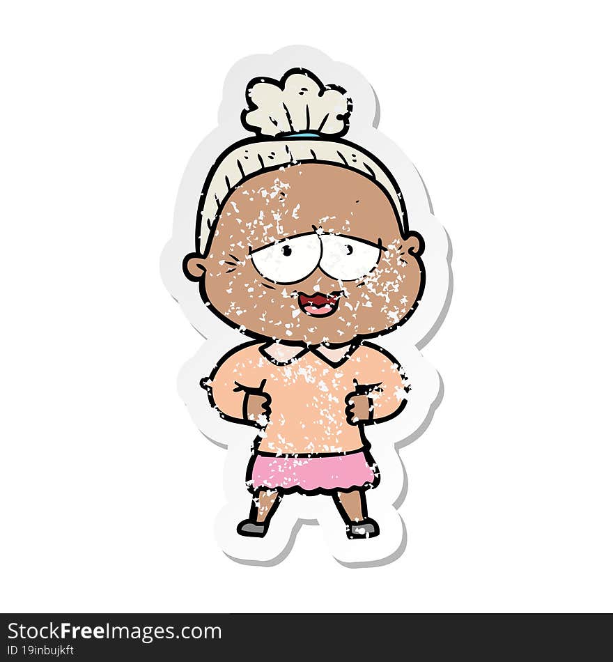 distressed sticker of a cartoon happy old lady