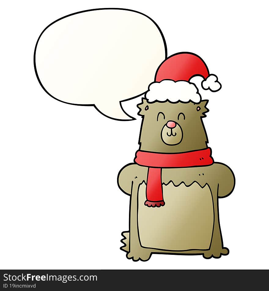 cartoon bear wearing christmas hat and speech bubble in smooth gradient style