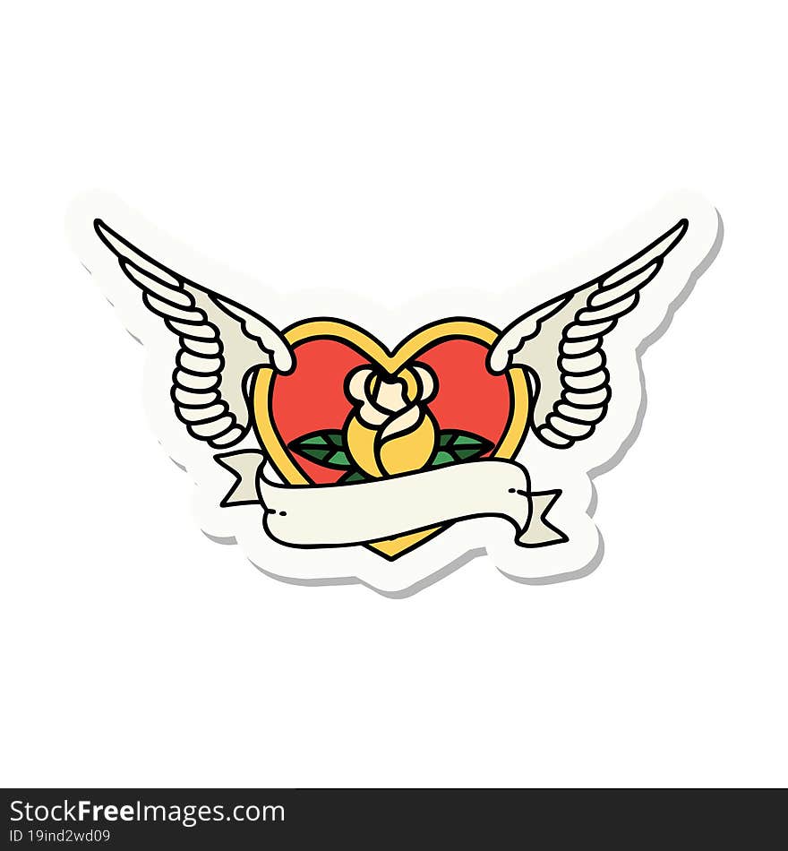 Tattoo Style Sticker Of A Flying Heart With Flowers And Banner