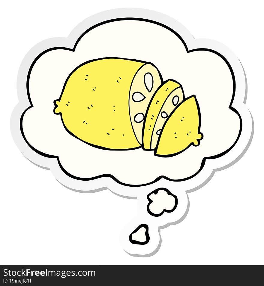 cartoon sliced lemon and thought bubble as a printed sticker