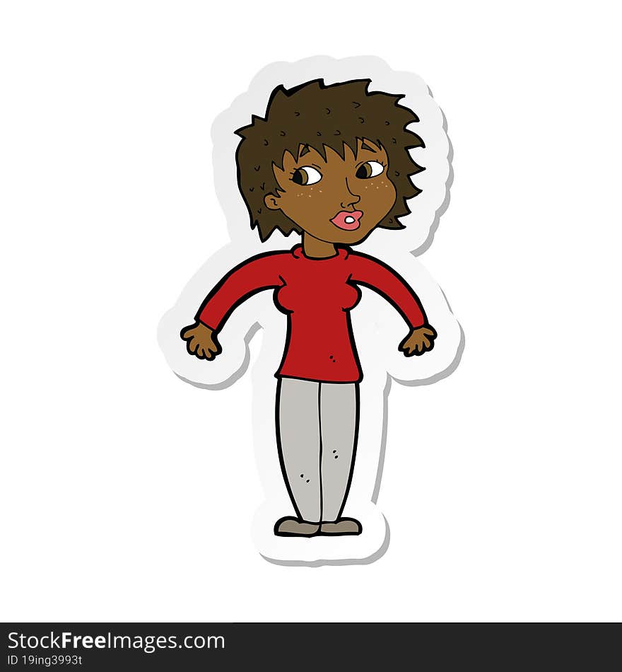 sticker of a cartoon woman shrugging shoulders