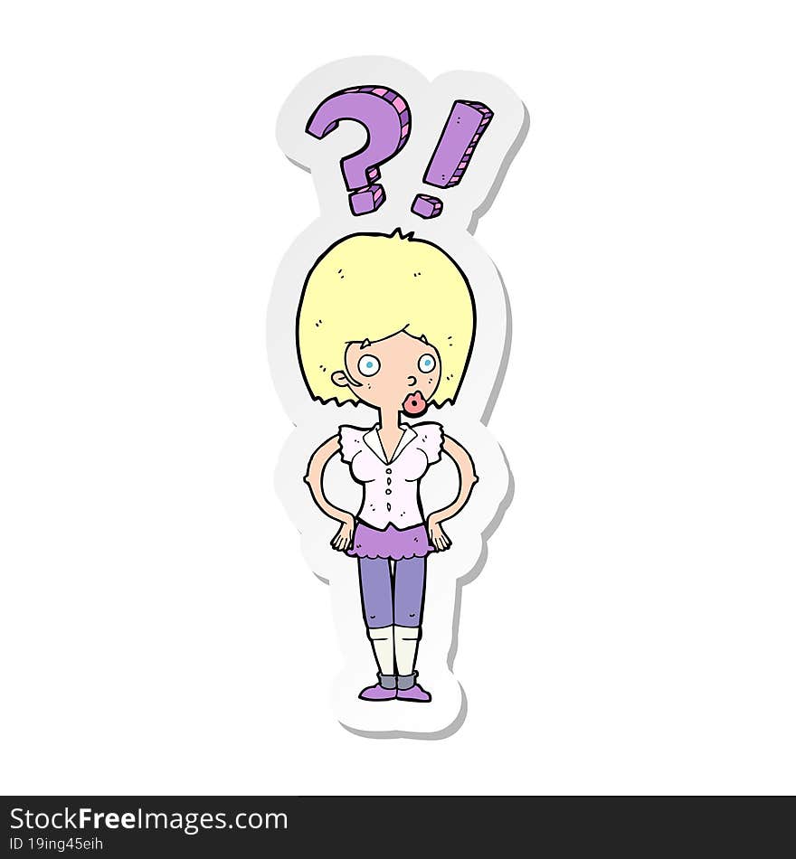 sticker of a cartoon woman asking question