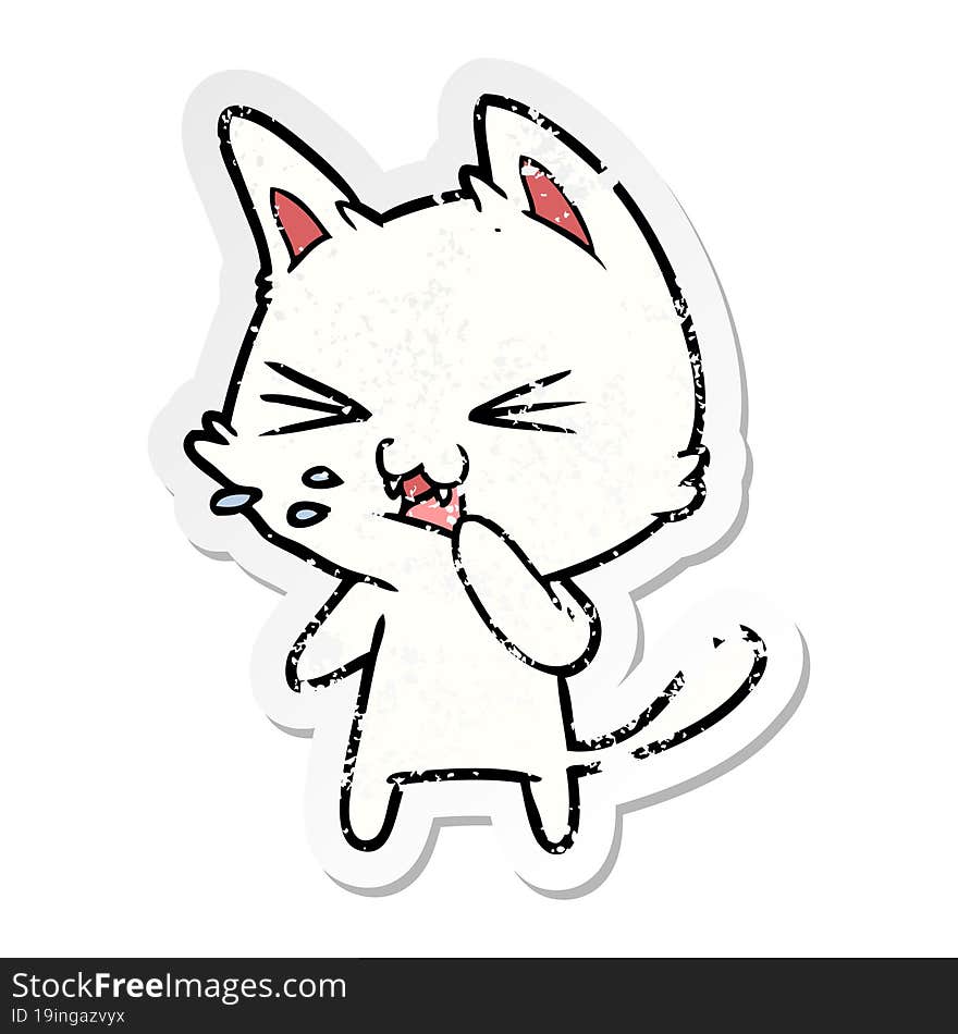 Distressed Sticker Of A Cartoon Cat Hissing