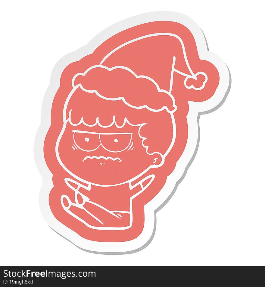 Cartoon  Sticker Of A Annoyed Man Wearing Santa Hat