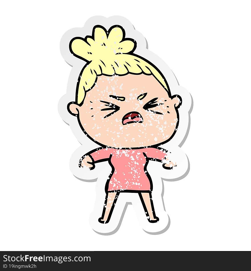 distressed sticker of a cartoon angry woman