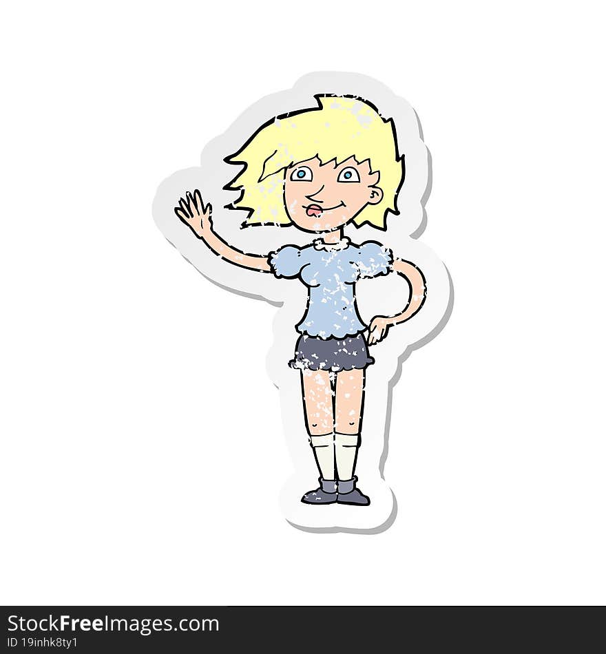 retro distressed sticker of a cartoon woman waving