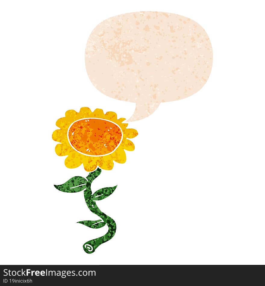 Cartoon Sunflower And Speech Bubble In Retro Textured Style