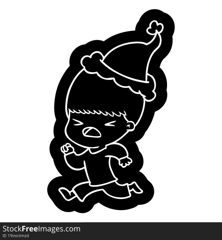 cartoon icon of a stressed man wearing santa hat