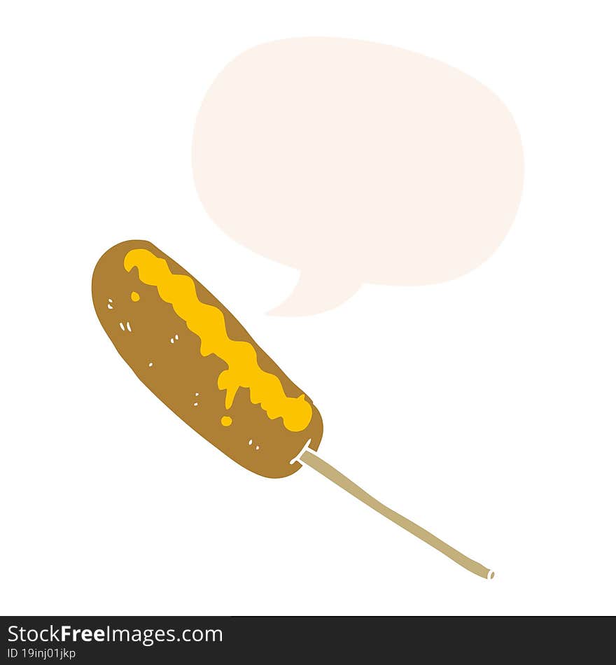 cartoon hotdog on a stick and speech bubble in retro style