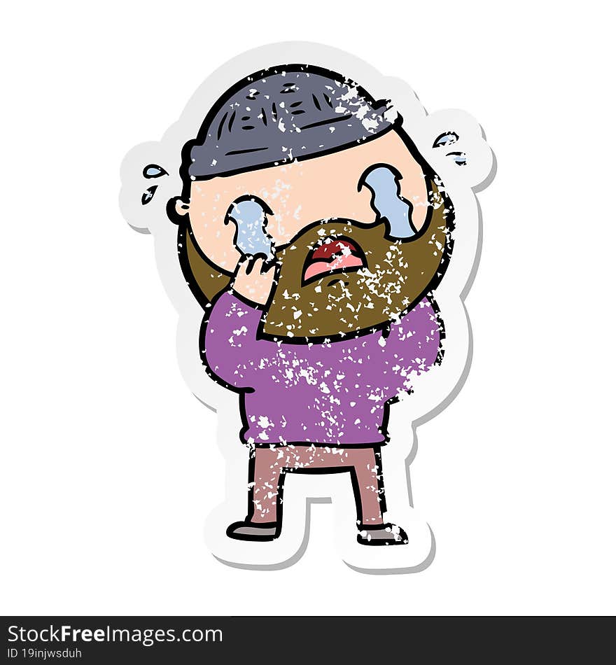 distressed sticker of a cartoon bearded man crying