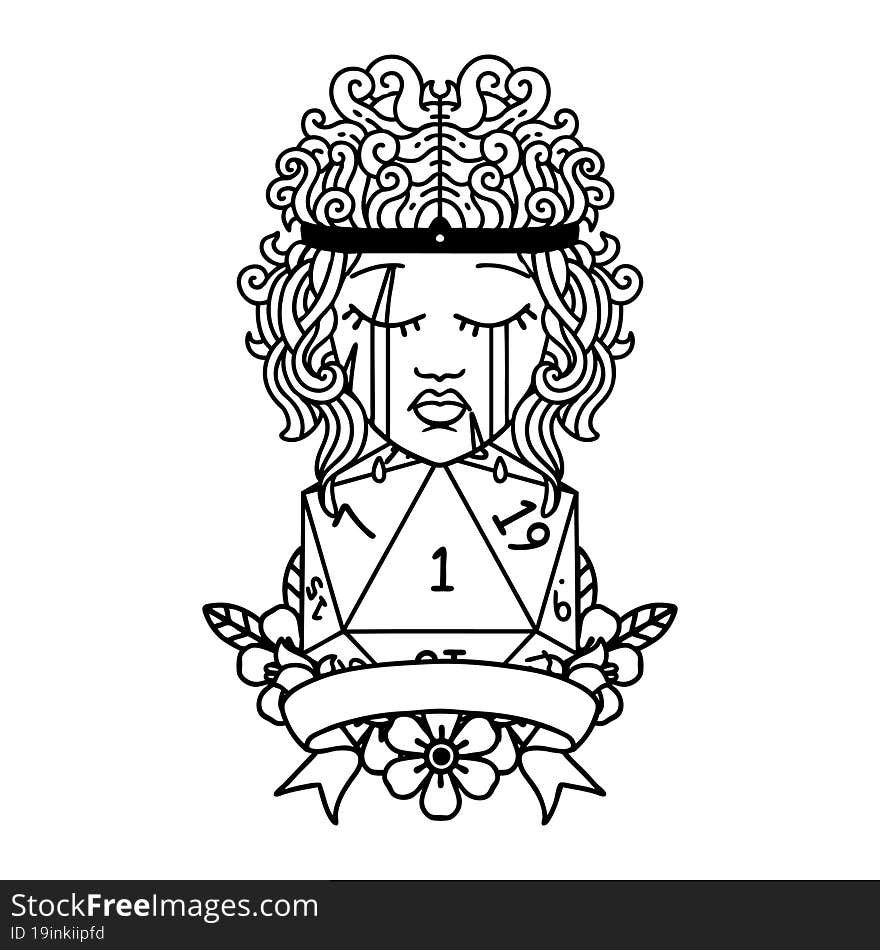 Black and White Tattoo linework Style crying human barbarian with natural one roll. Black and White Tattoo linework Style crying human barbarian with natural one roll