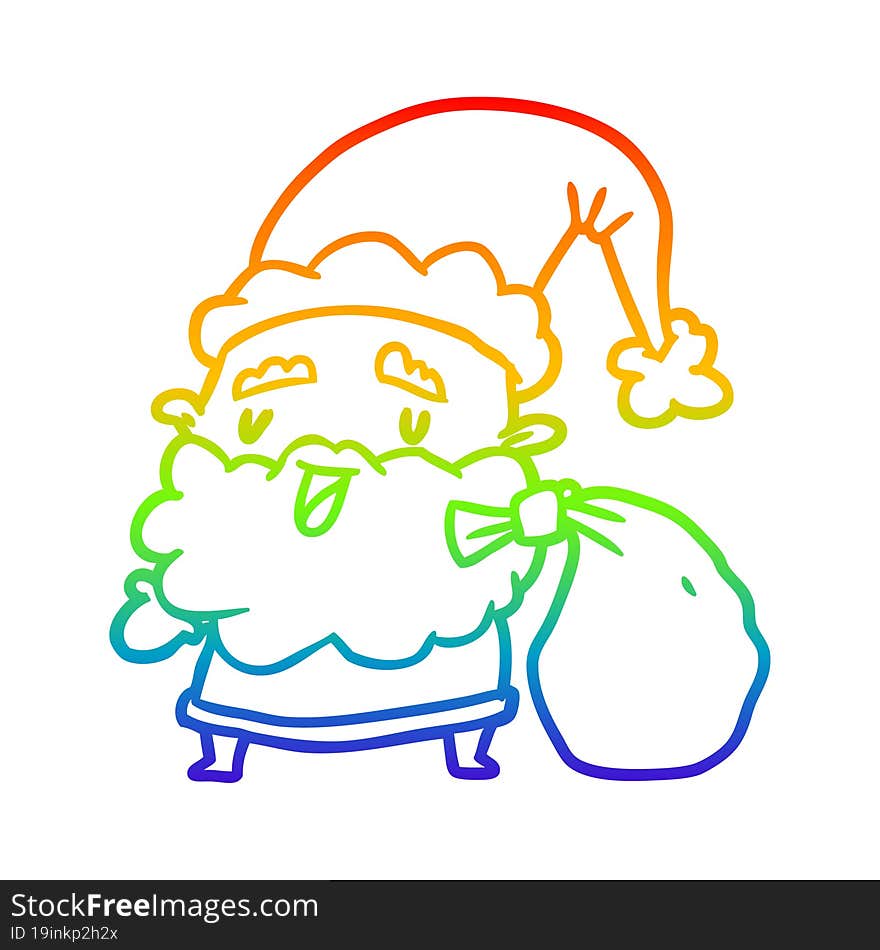 rainbow gradient line drawing santa claus carrying sack of presents