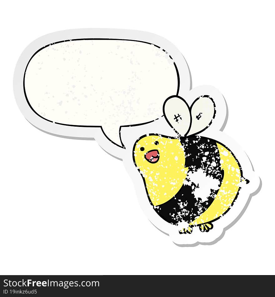 cartoon bee and speech bubble distressed sticker