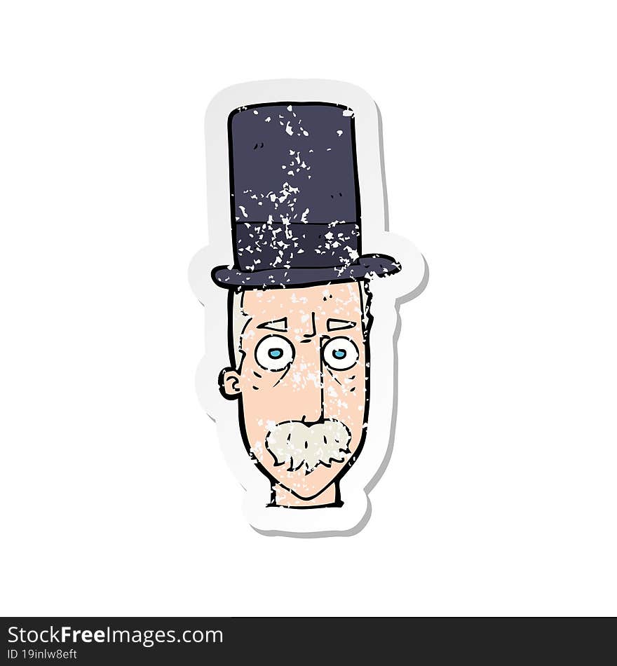 retro distressed sticker of a cartoon man wearing top hat