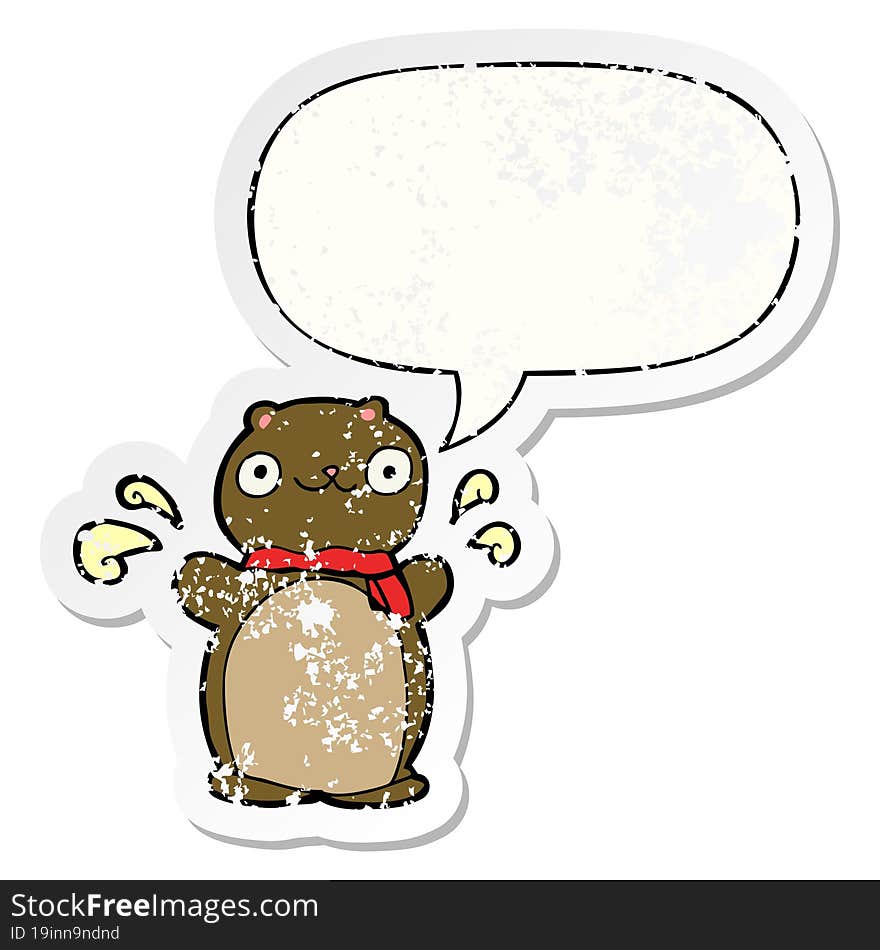 cartoon happy teddy bear and speech bubble distressed sticker