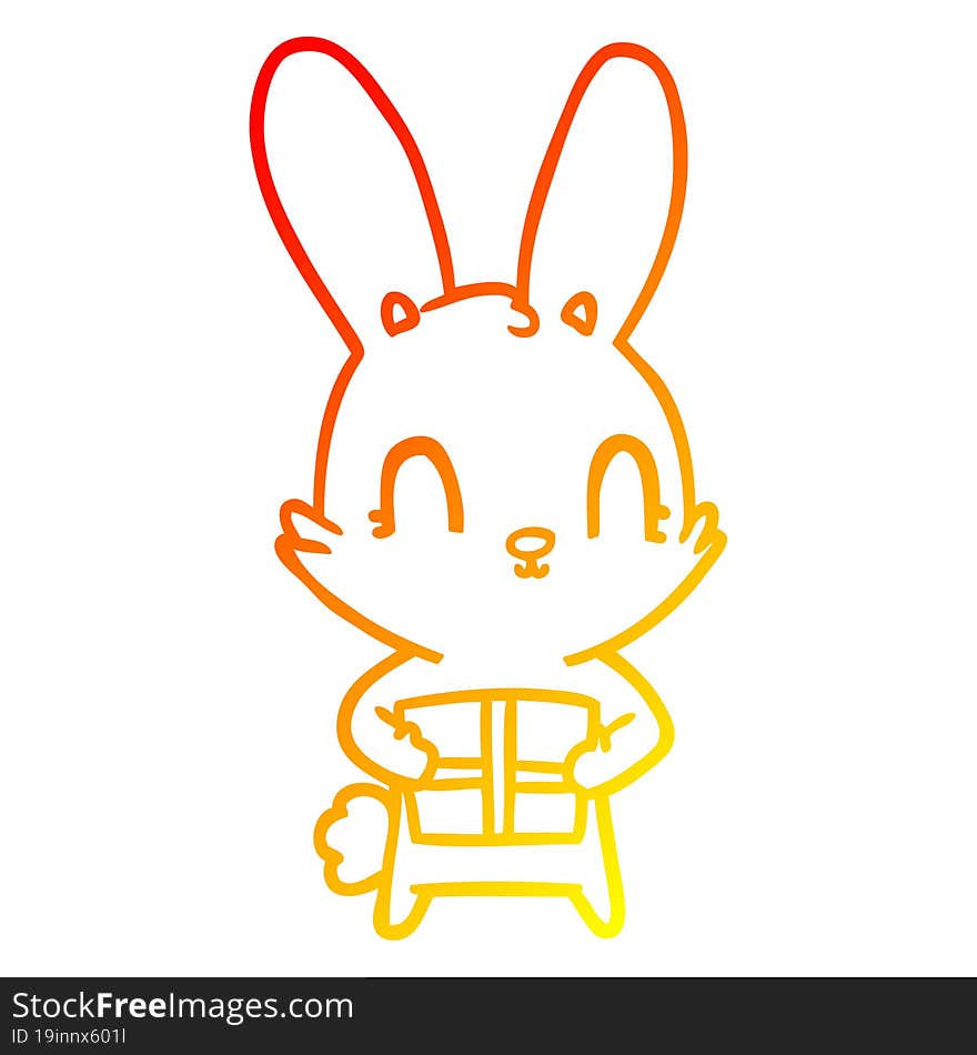 warm gradient line drawing of a cute cartoon rabbit with present