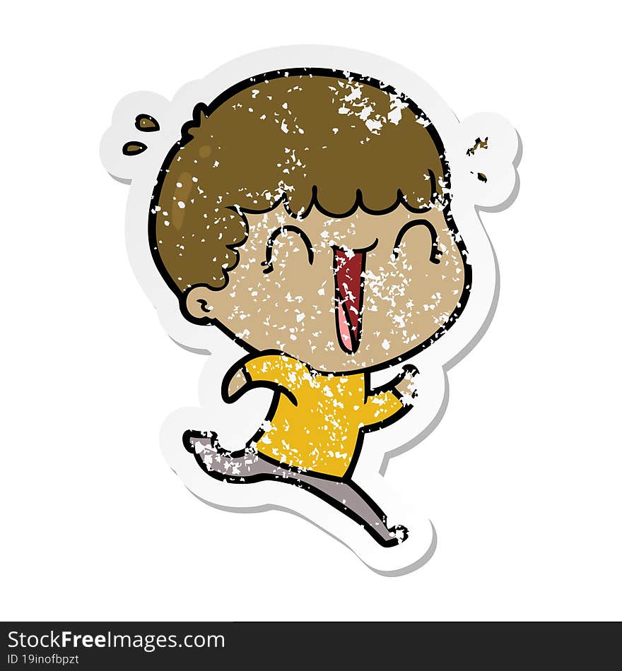 distressed sticker of a laughing cartoon man running