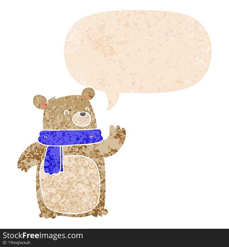 cartoon bear wearing scarf and speech bubble in retro textured style