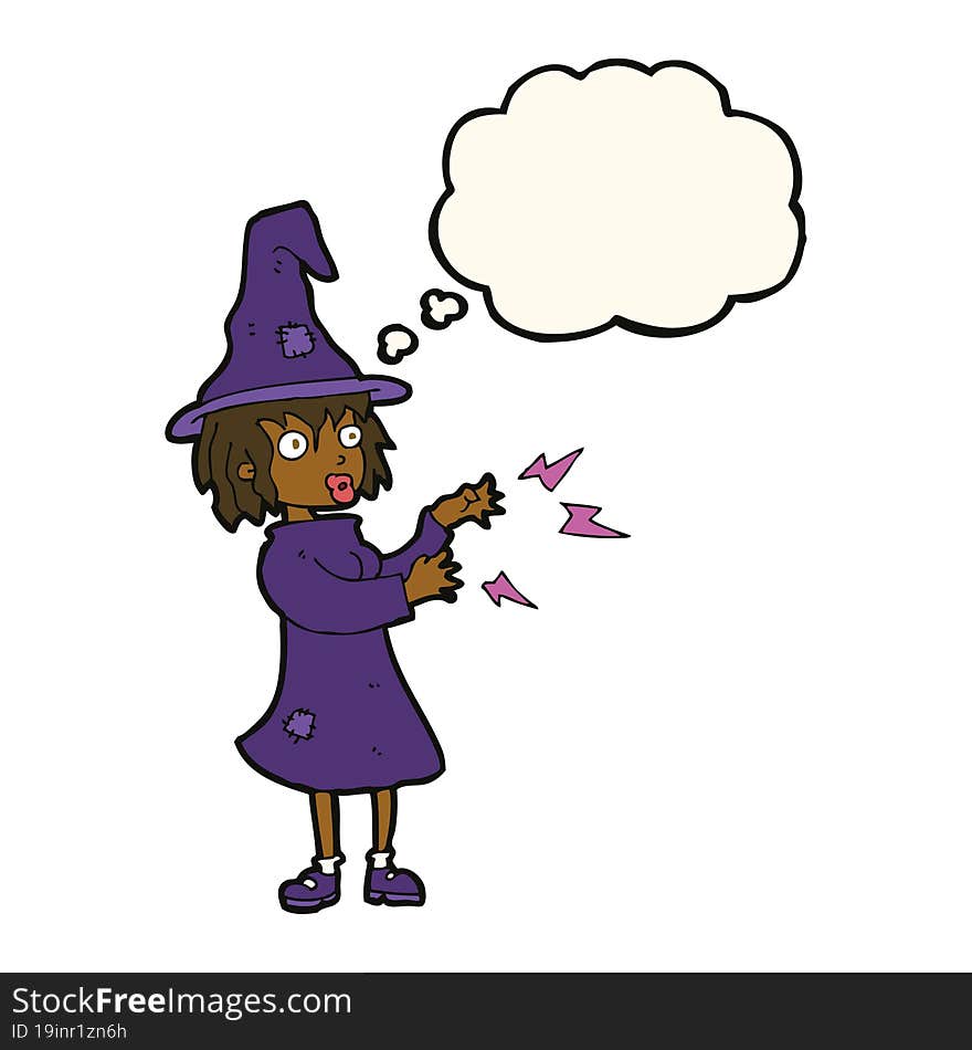 cartoon witch casting spell with thought bubble