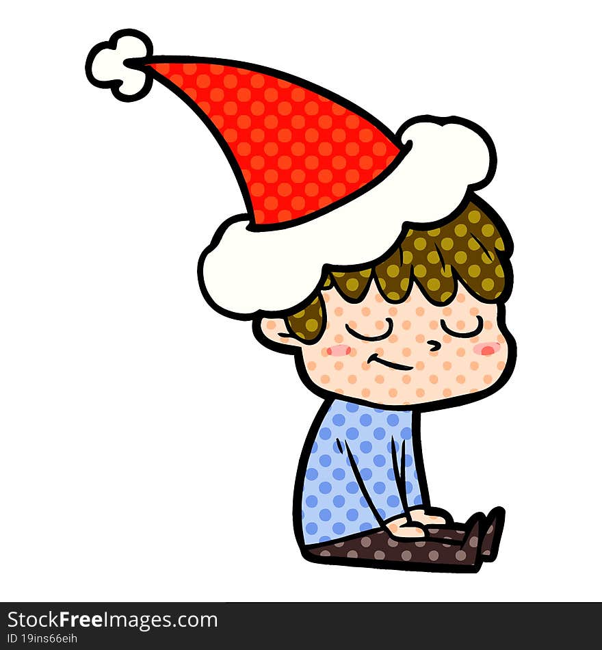 comic book style illustration of a happy boy wearing santa hat