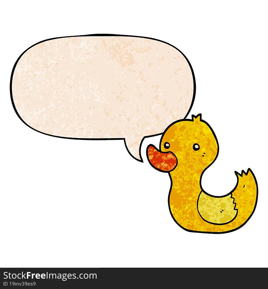 cartoon duck and speech bubble in retro texture style