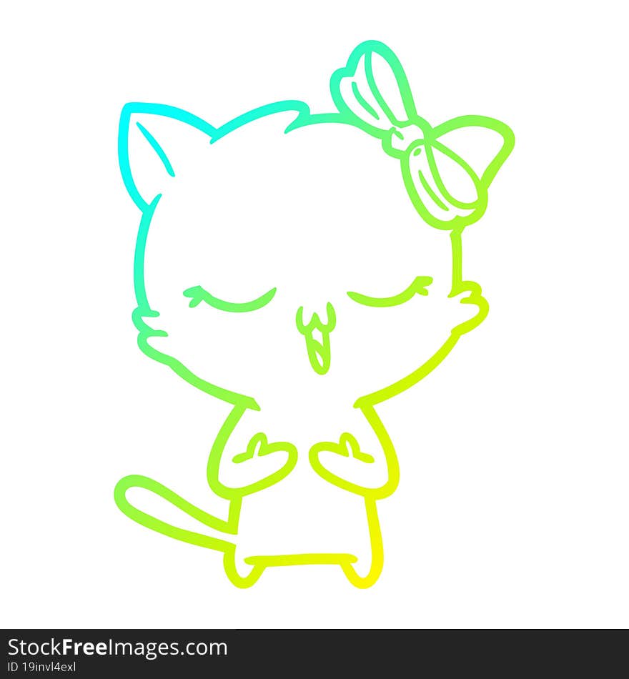 cold gradient line drawing cartoon cat with bow on head