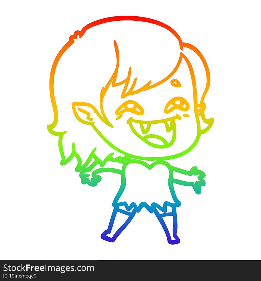 rainbow gradient line drawing of a cartoon laughing vampire girl