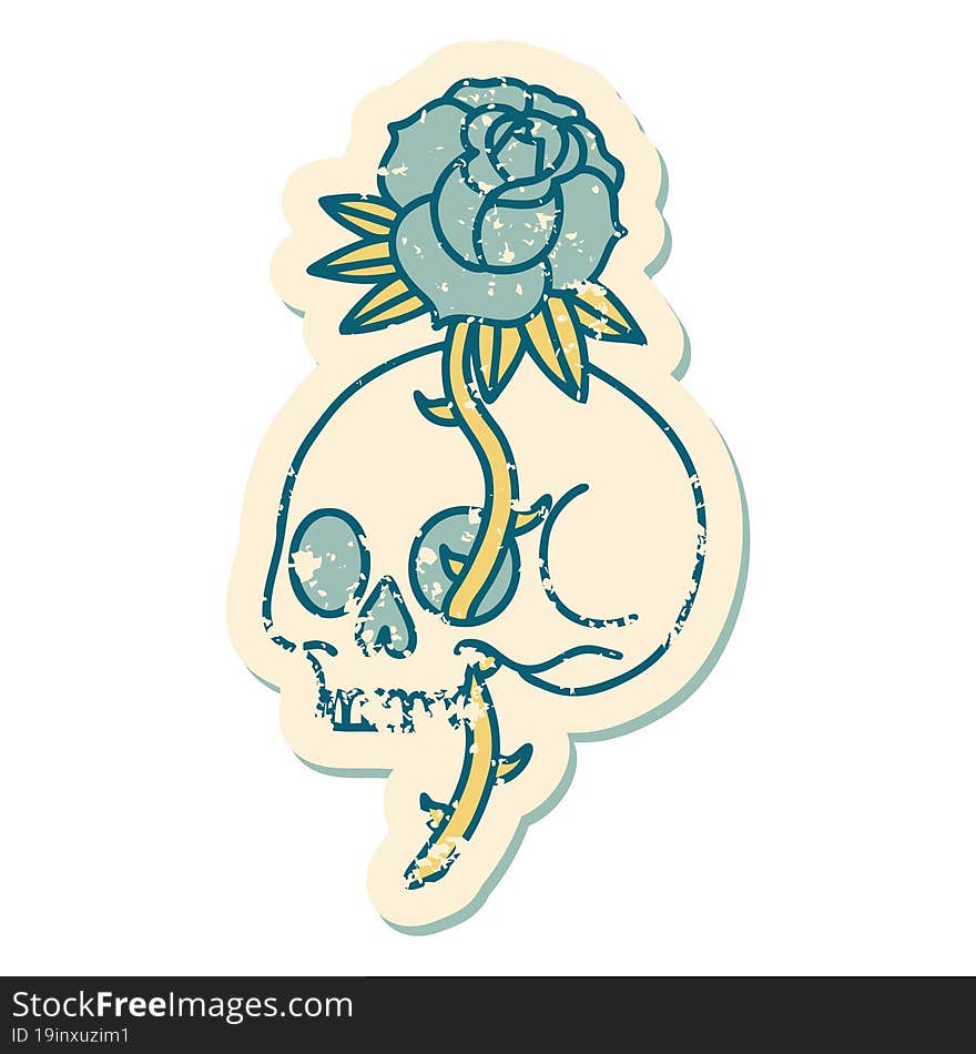 distressed sticker tattoo style icon of a skull and rose